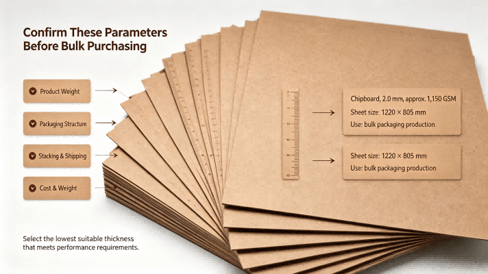 Chipboard thickness reference infographic, multiple brown chipboard sheets showing thickness ranges for bulk packaging, clean white background, ecommerce product image