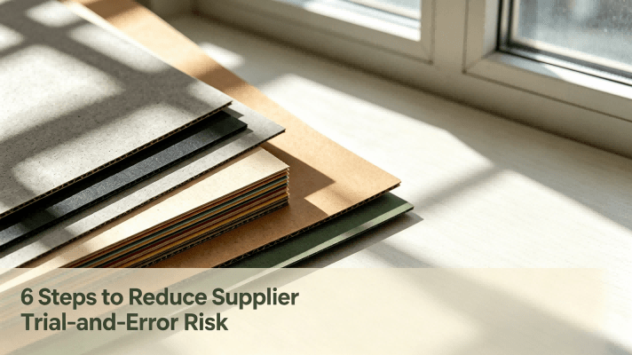 Paperboard supplier trial-and-error risk reduction guide, blog cover image with stacked greyboard, black laminated board and composite board samples.