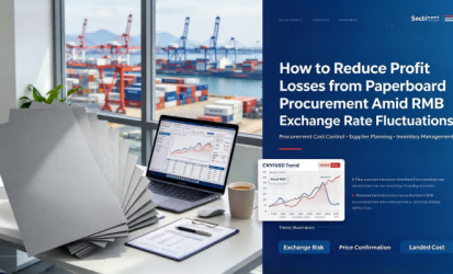 Grey chipboard sheets on white background, cover image for article about reducing profit losses from paperboard procurement amid RMB exchange rate fluctuations