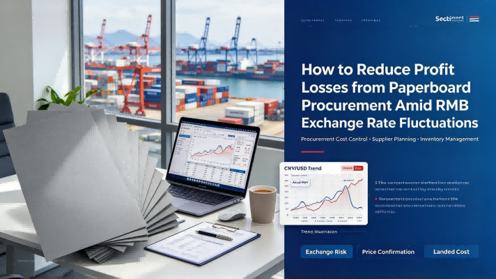 Grey chipboard sheets on white background, cover image for article about reducing profit losses from paperboard procurement amid RMB exchange rate fluctuations